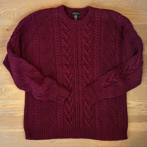 VTG 80s Express Heavyweight Cable Knit Crewneck Sweater Maroon Mens Size Large - Picture 1 of 7